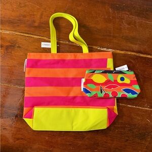 Donald X Clinique Multicolor Canvas Logo Tote Bag w Makeup Zip Pouch Bag New